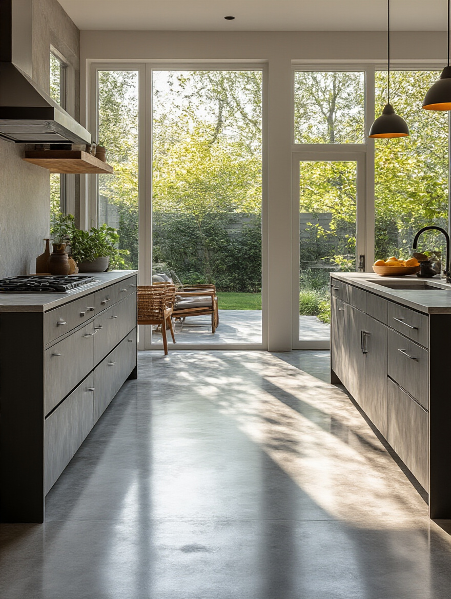 Modern kitchen with polished concrete and large-format tiles flooring