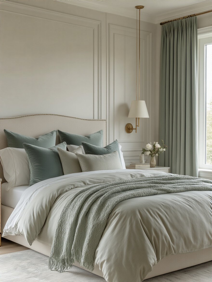 Luxurious bedroom with calming color palette featuring soft neutrals, dusty blues, and sage green accents