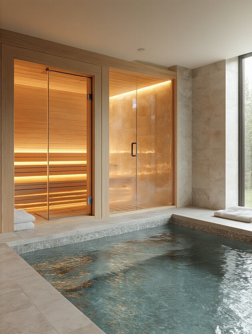 Luxurious bathroom featuring a sauna, steam room, and cold plunge pool