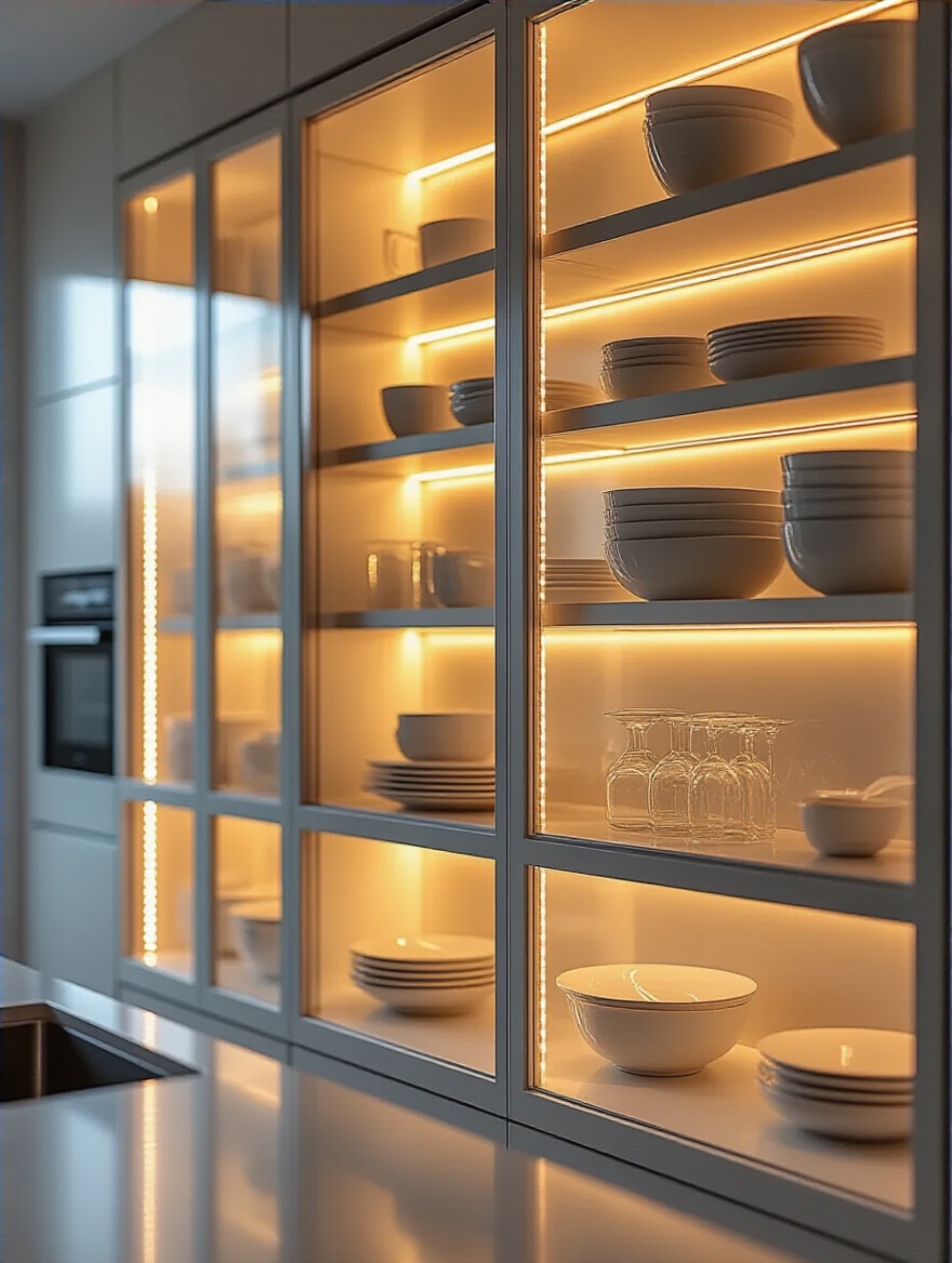Modern kitchen with integrated cabinet lighting illuminating dishware beautifully.