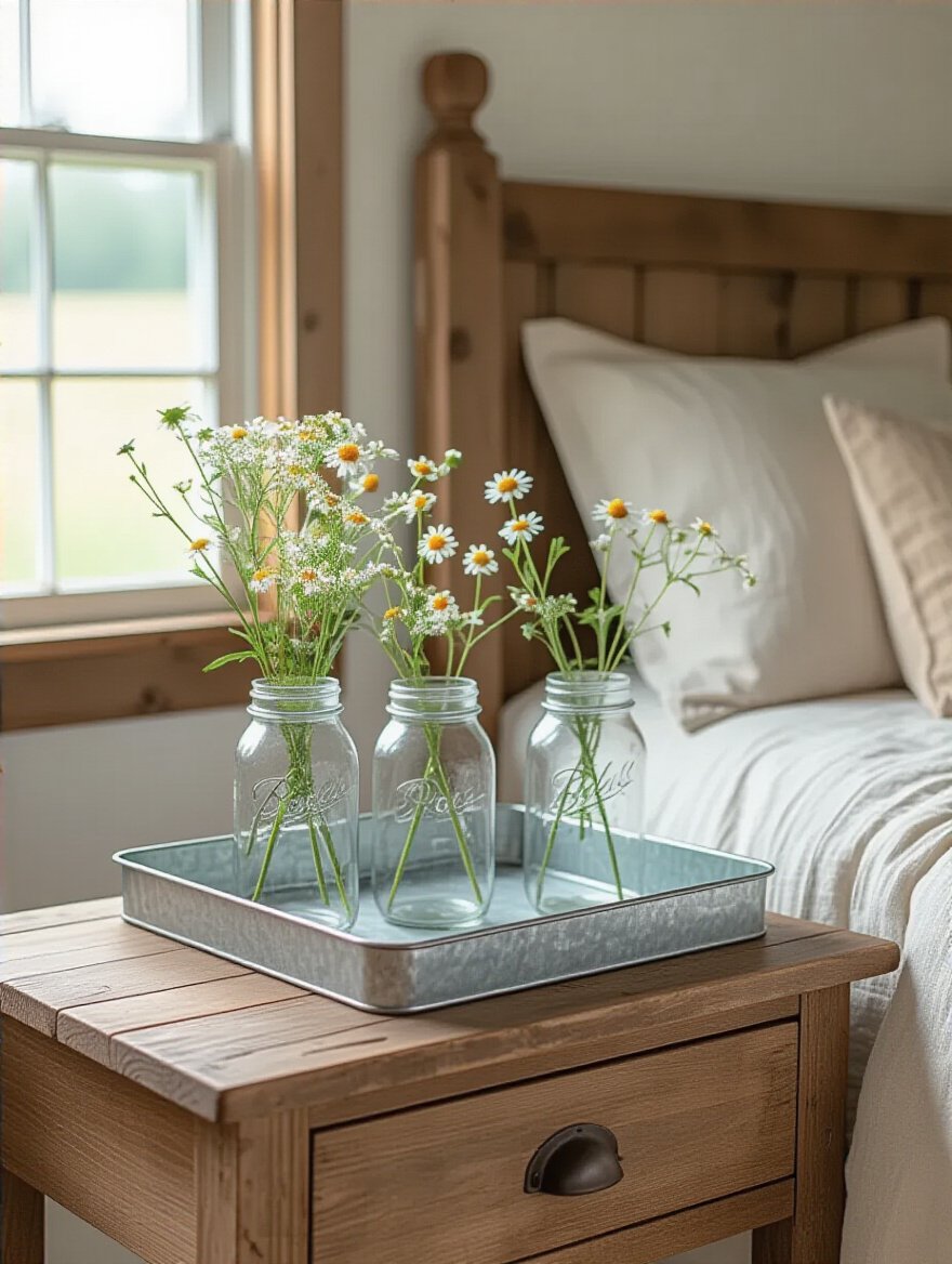Farmhouse bedroom bedside table with mason jars and galvanized metal decor elements in warm natural light