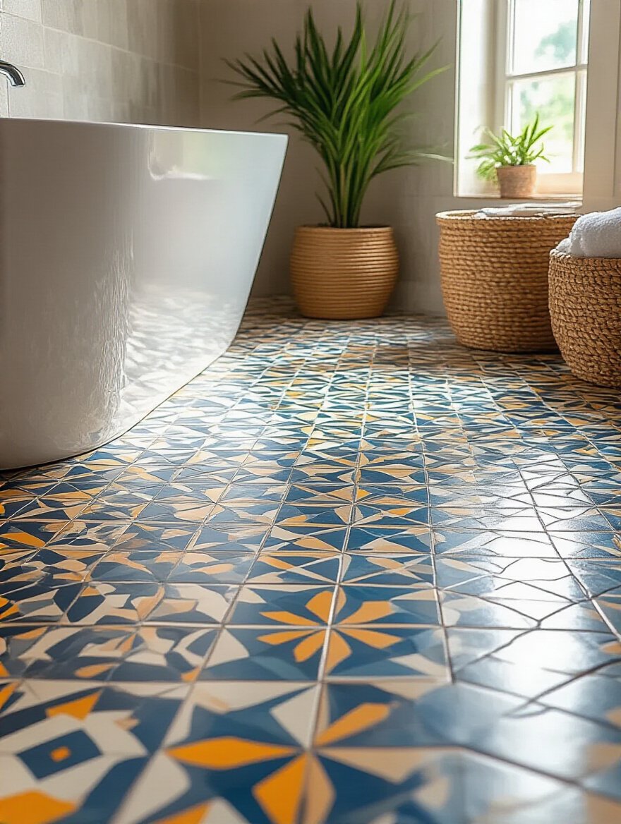 Vibrant patterned tiles on a bathroom floor creating a bold design statement.