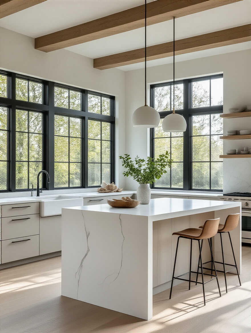 Modern kitchen with smart lines and geometric shapes featuring flat-panel cabinetry and a quartz island