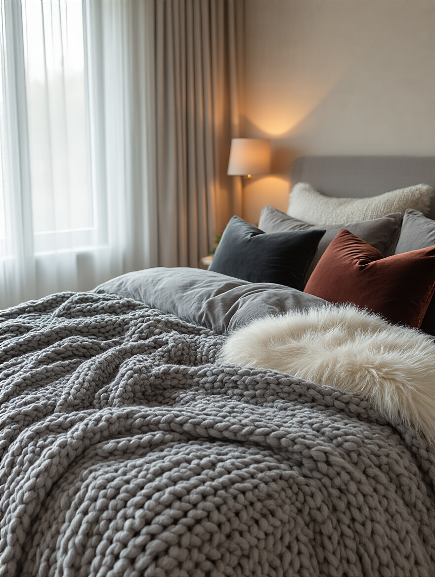Cozy bedroom adorned with textured textiles including chunky knits and velvet pillows