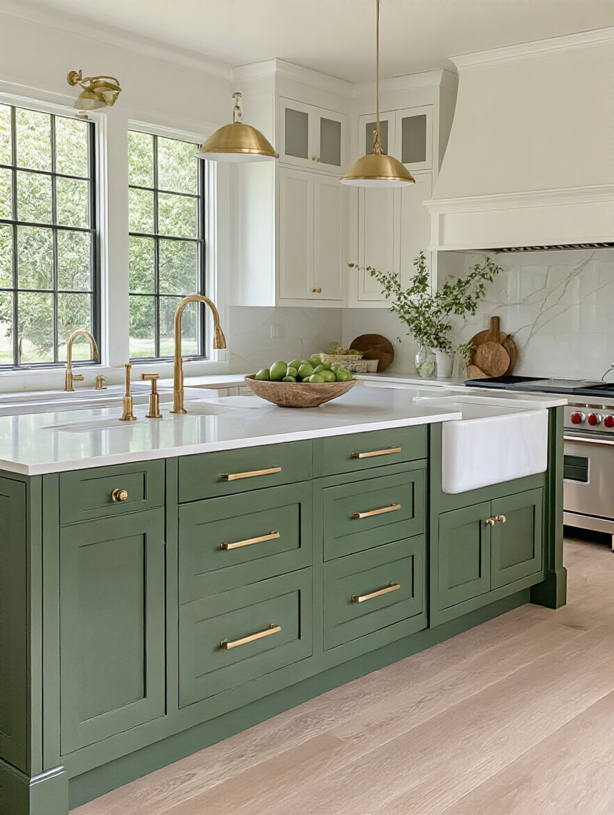A vibrant deep forest green kitchen island with brushed brass cabinet hardware in a bright white kitchen.