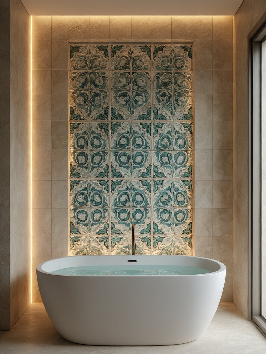 Luxurious bathroom with artisan tiles and dimensional wall coverings