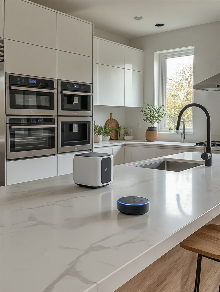 Contemporary kitchen with voice-activated smart appliances and hands-free operation technology