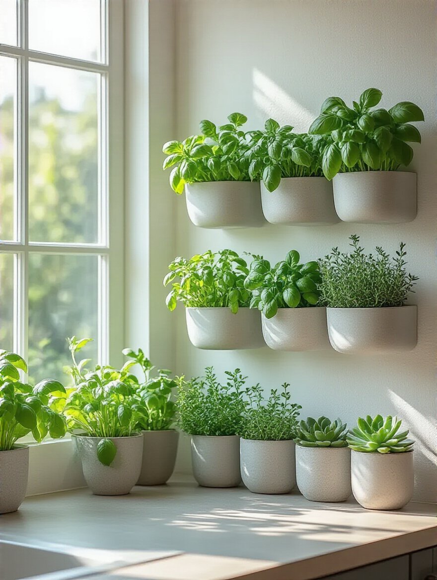 Modern kitchen wall with stylish wall-mounted planters holding fresh herbs and succulents
