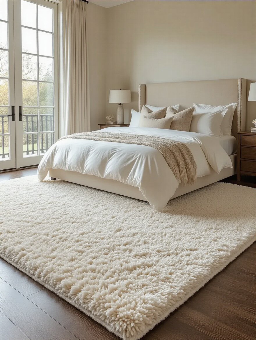 Luxurious bedroom with a large, soft ivory area rug under a king-sized bed, dark hardwood floors, and warm natural lighting