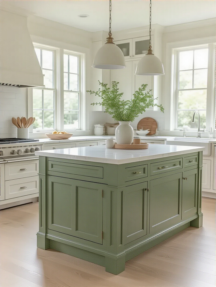 Serene sage green kitchen island in a bright white kitchen setting.