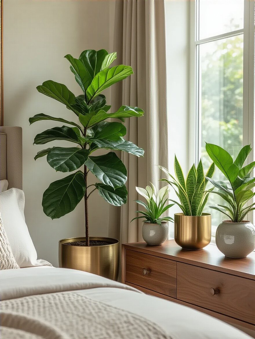 Luxury bedroom corner with elegant indoor plants in polished planters near a large window, showcasing natural light and sophisticated decor
