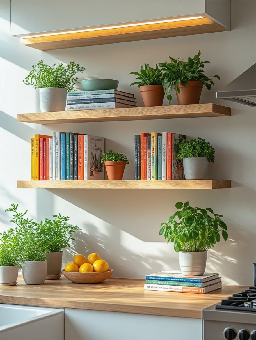 Modern kitchen wall with minimalist floating shelves displaying cookbooks and green potted plants