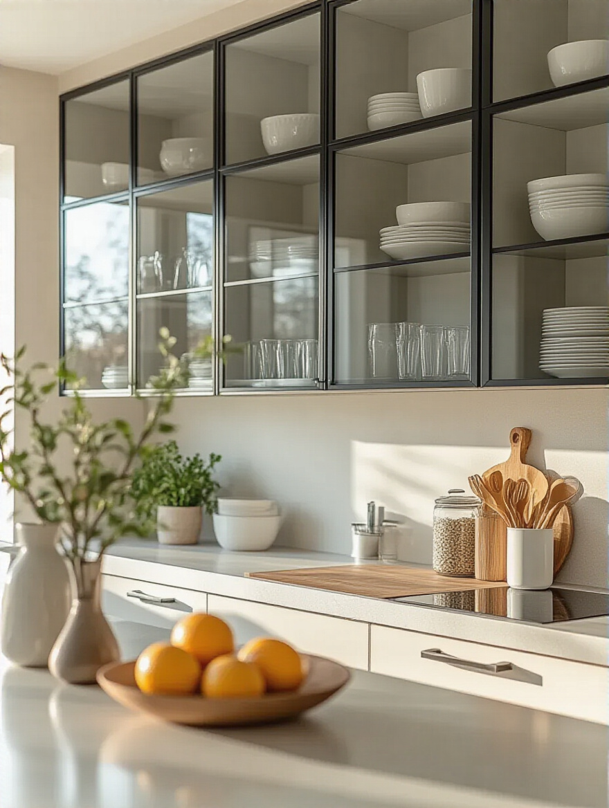 Modern kitchen with glass cabinet fronts showcasing dishware and decorative objects.