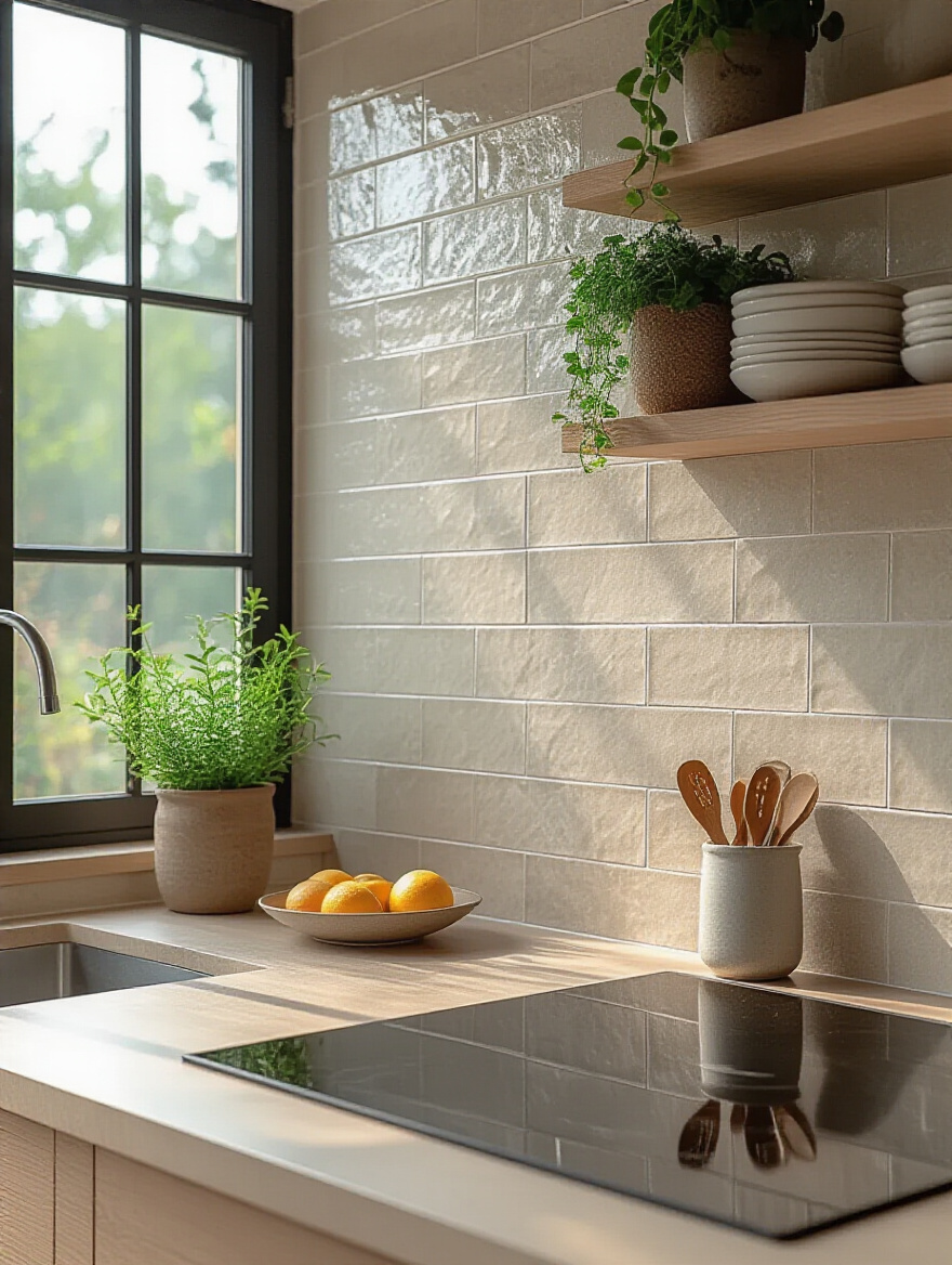 Modern kitchen with minimalist backsplash featuring subtly textured tiles.
