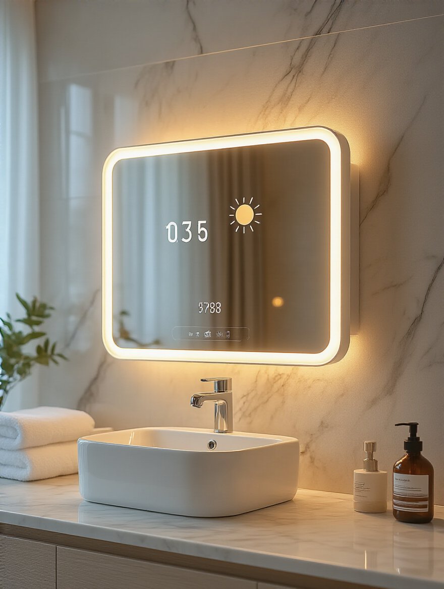 Luxurious bathroom with a smart mirror featuring integrated lighting and displays