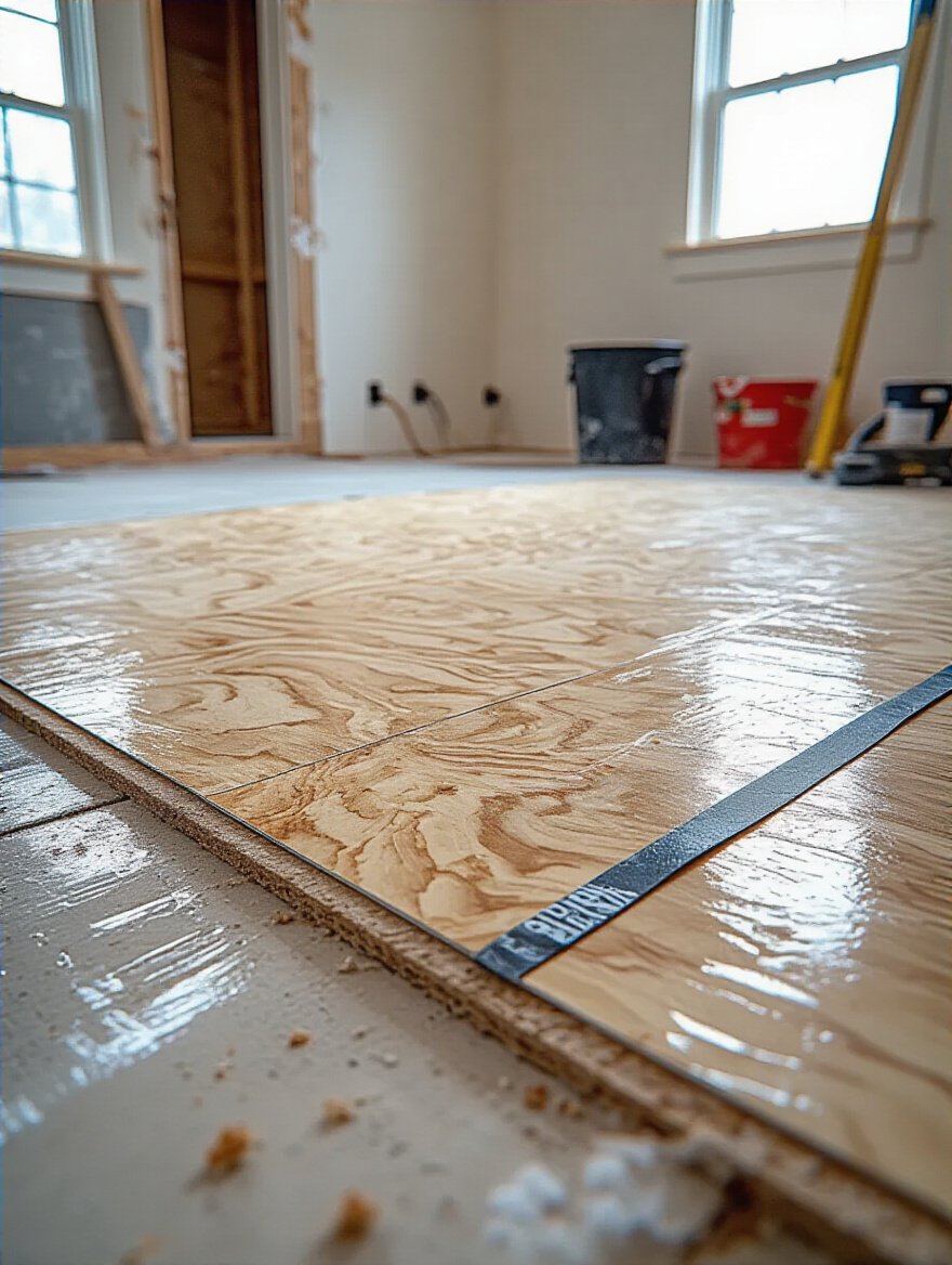 Close-up view of waterproof underlayment membrane installed on bathroom subfloor with sealed edges and smooth surface during renovation