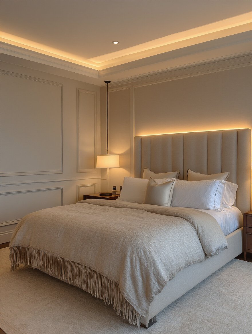Luxury bedroom showcasing layered lighting with ambient, task, and accent lights creating versatile mood control