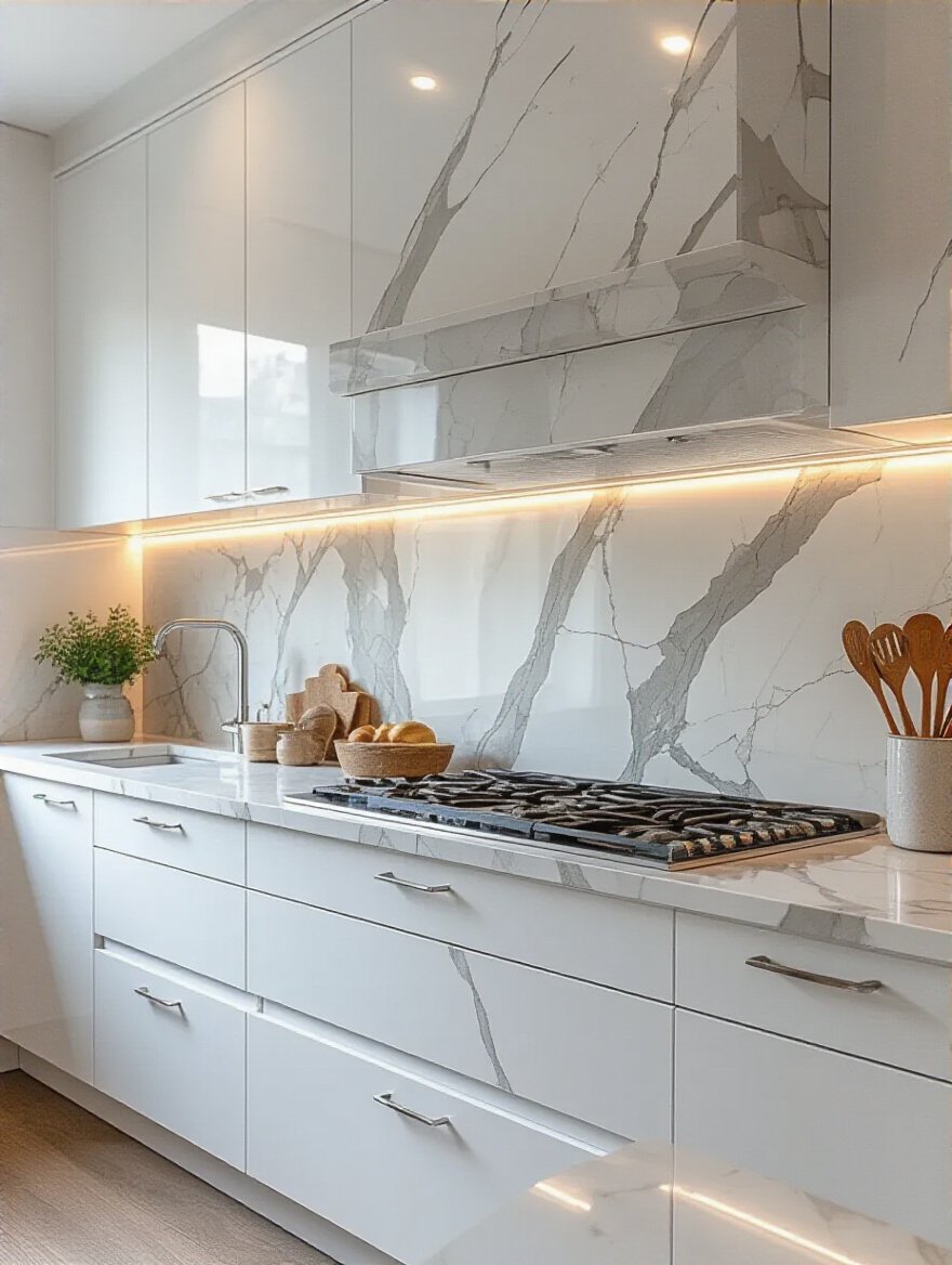 Modern kitchen with large-format polished calacatta marble backsplash from countertop to ceiling under soft lighting