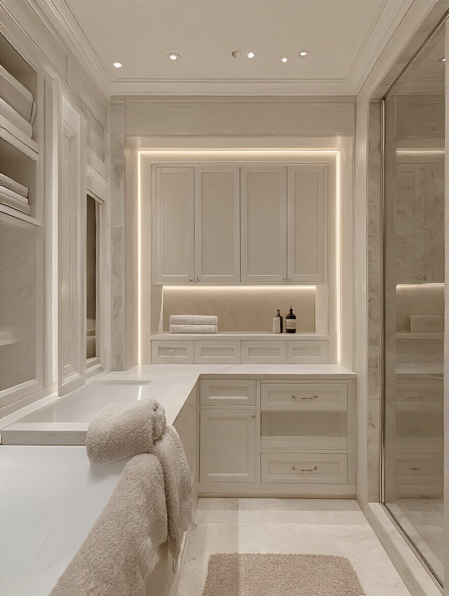 Luxurious bathroom with bespoke storage solutions for a clutter-free aesthetic