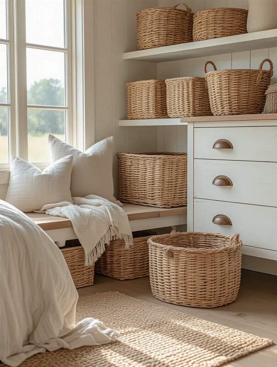 Cozy farmhouse bedroom corner with woven storage baskets neatly organized under a bench and on shelves, natural light highlighting textures