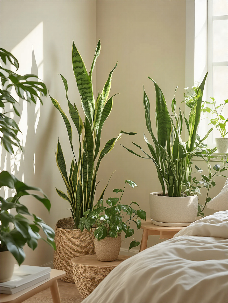 A tranquil bedroom decorated with live plants, showcasing a Snake Plant, Pothos, and Peace Lily.