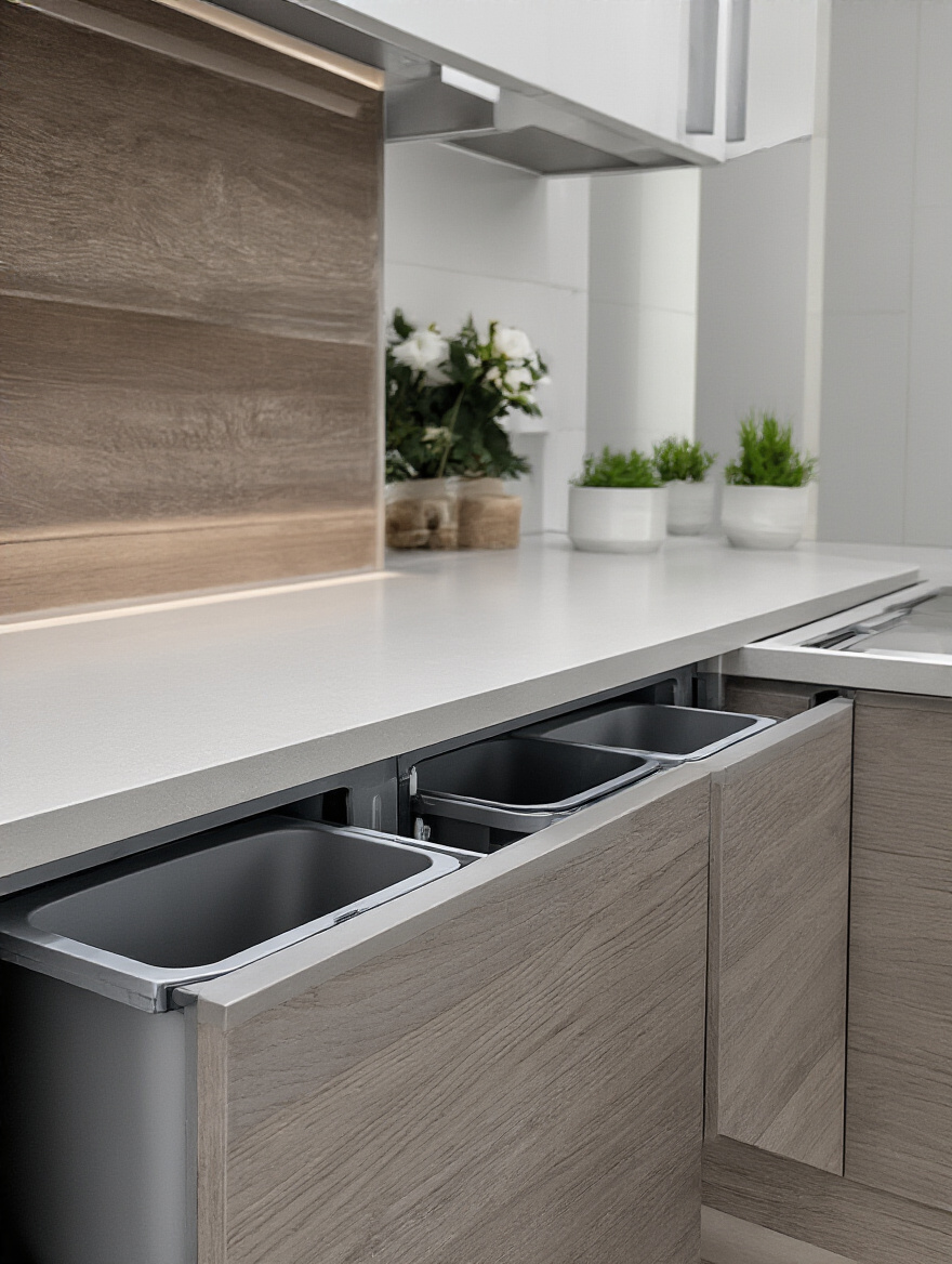 Modern kitchen with integrated hidden waste bins in cabinetry
