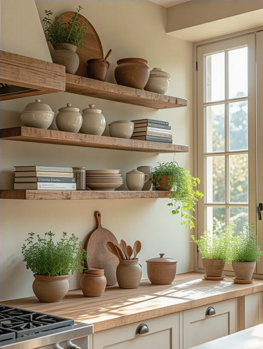 Kitchen featuring open shelving with decorative ceramics and herbs, bathed in natural light