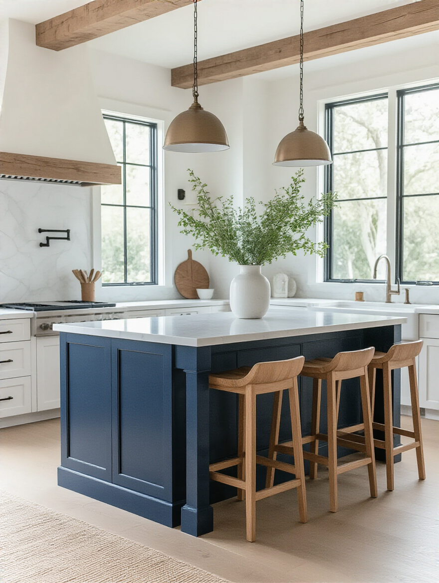 A stylish white kitchen featuring a navy blue island and natural wood bar stools, beautifully lit by natural sunlight.