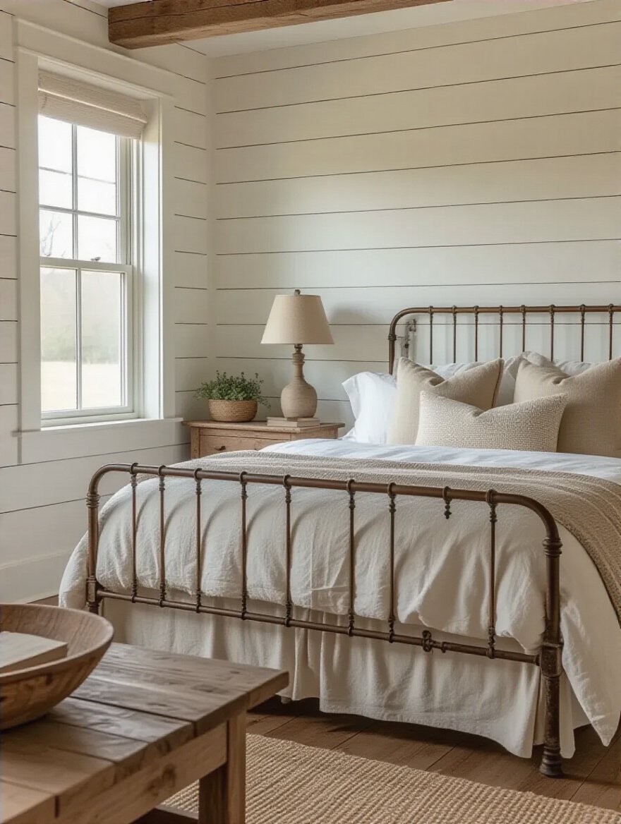 Cozy farmhouse bedroom with white shiplap accent wall behind wrought-iron bed, rustic decor, and soft natural light