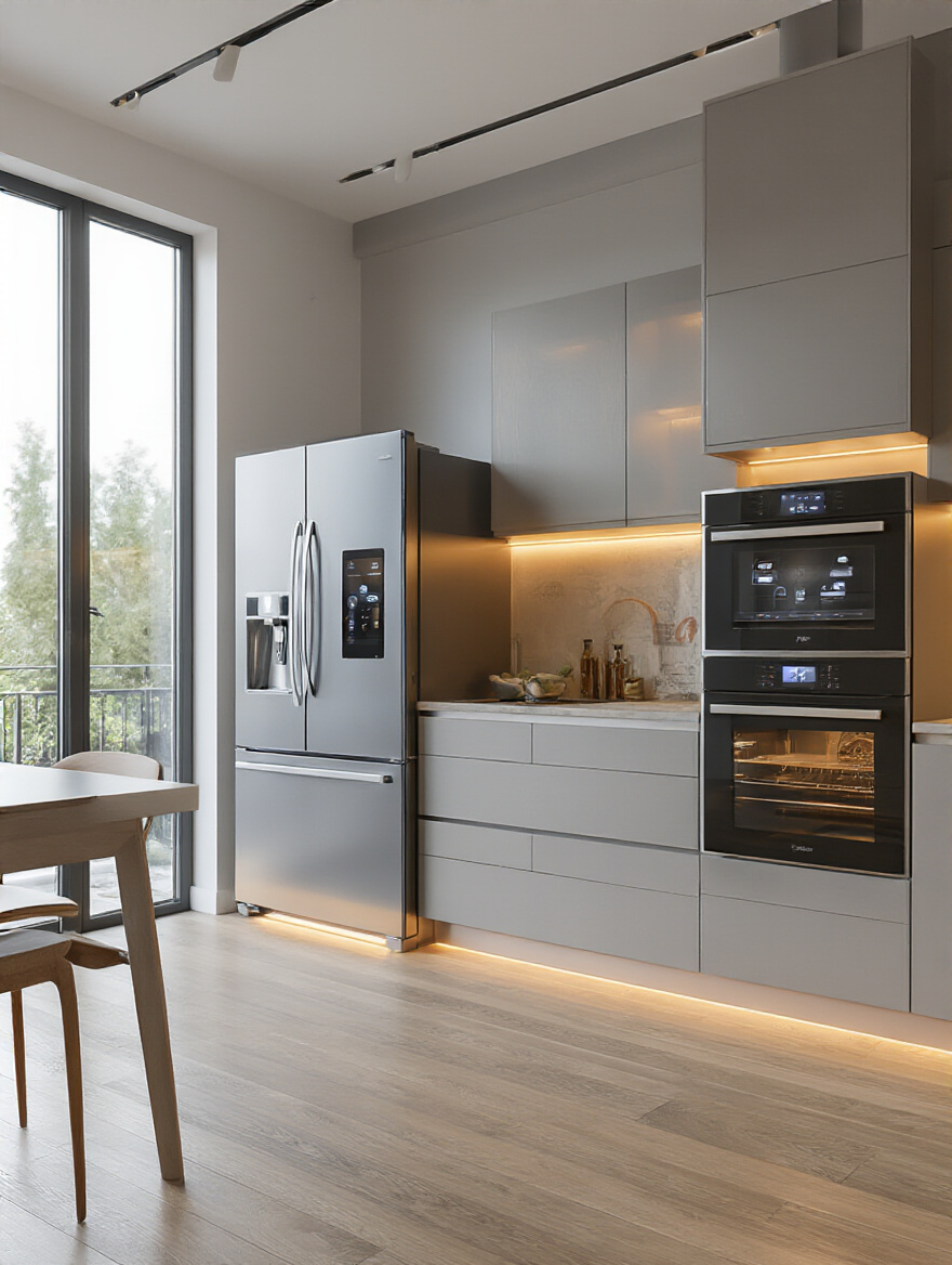 Modern kitchen showcasing integrated smart technology including a smart refrigerator and oven.