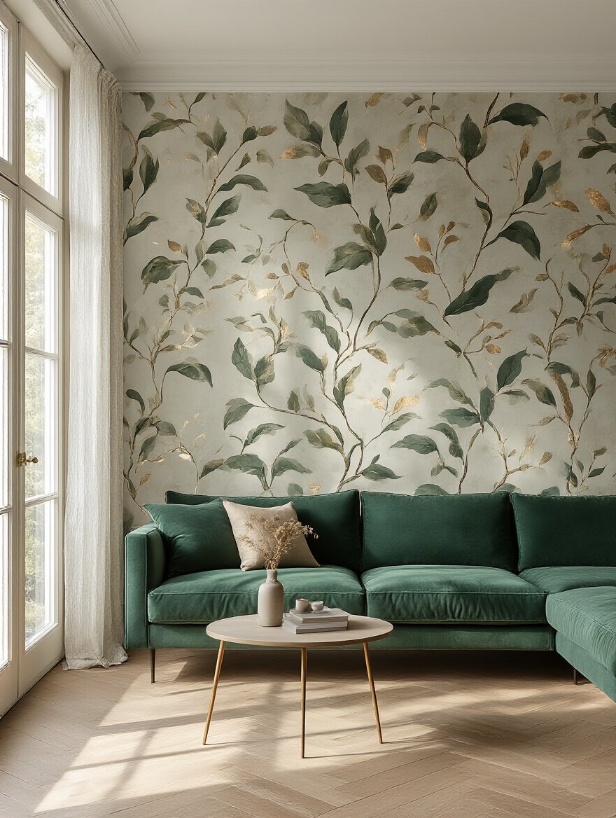 Living room with integrated wallpaper accent wall in botanical pattern and emerald green sofa