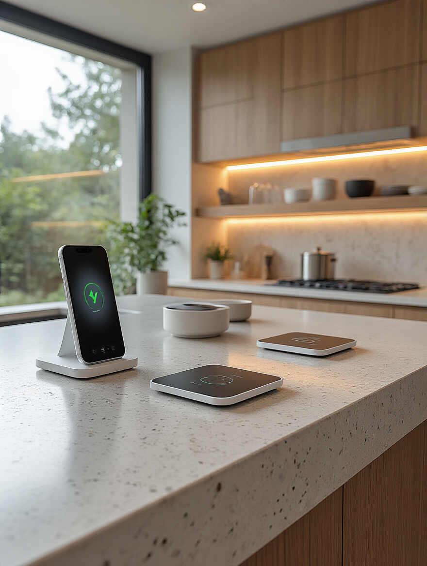 Contemporary kitchen countertop with built-in wireless charging stations, no visible cables, modern design