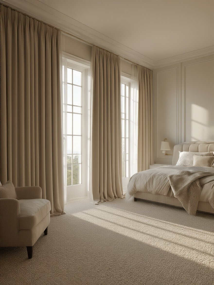 Luxurious bedroom showcasing noise-reducing solutions with acoustic windows, heavy velvet drapes, and plush carpeting for a tranquil atmosphere