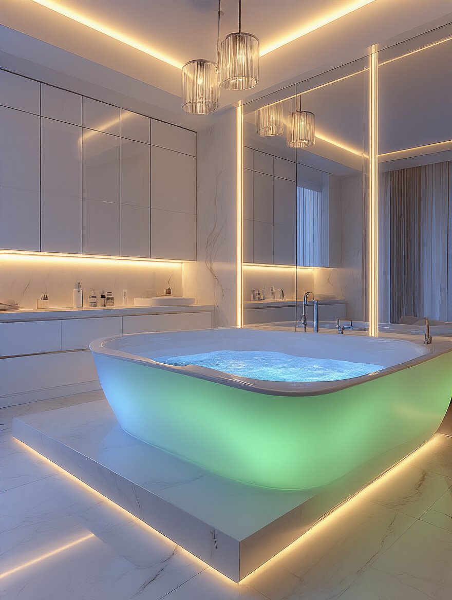 Luxurious bathroom with automated chromotherapy and dimmable lighting scenes