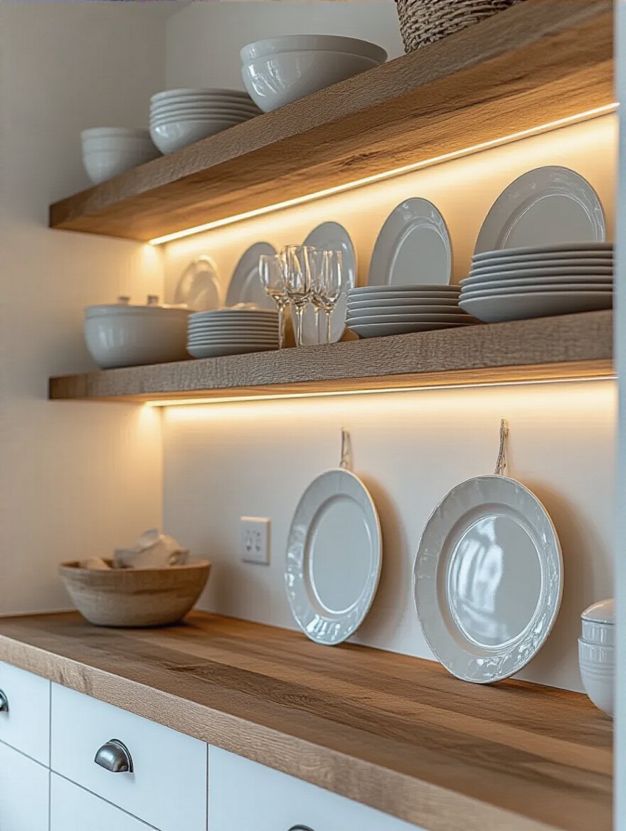 Modern kitchen wall with open cabinetry and wooden plate racks displaying ceramic dishes and glassware