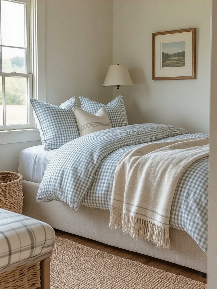 Farmhouse bedroom corner with subtle gingham and stripe patterned pillows and throw, natural textures, and soft warm lighting