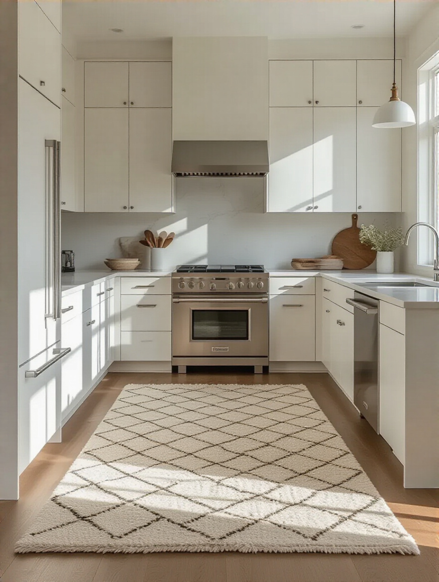 Modern kitchen with a hand-knotted wool rug adding warmth and texture.