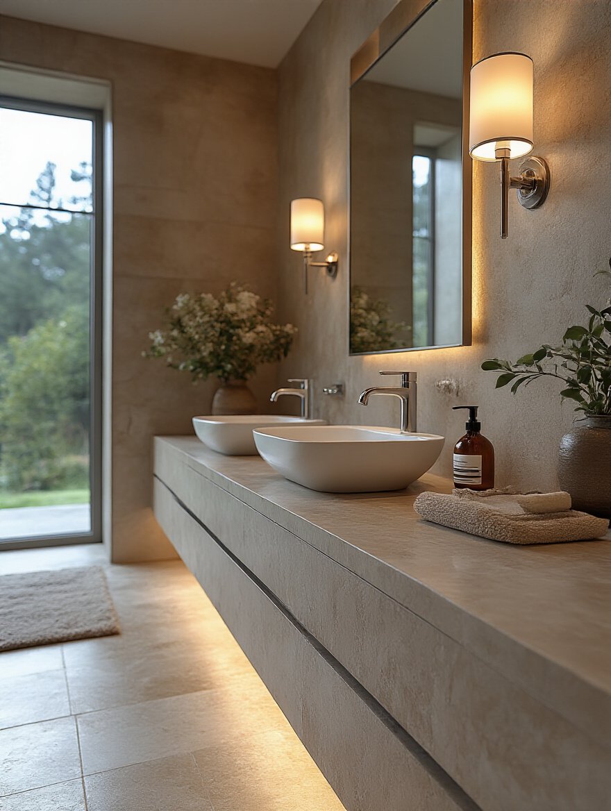 Luxurious bathroom with designer wall-mounted faucets and premium fixtures