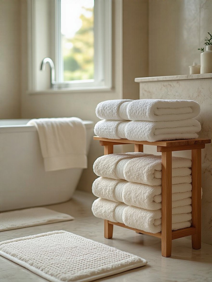 Luxury bathroom scene featuring premium quality bath linens including plush towels and bath mat in neutral tones