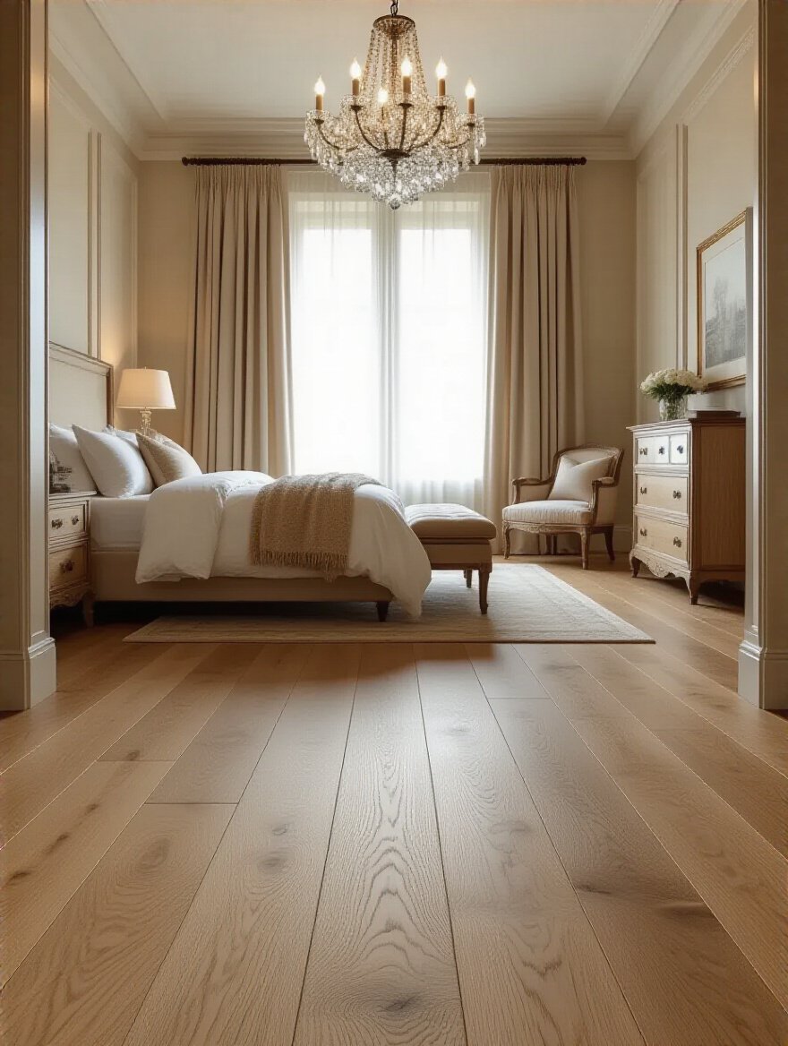 Luxury bedroom featuring exquisite wide-plank European oak hardwood flooring with warm lighting and elegant decor