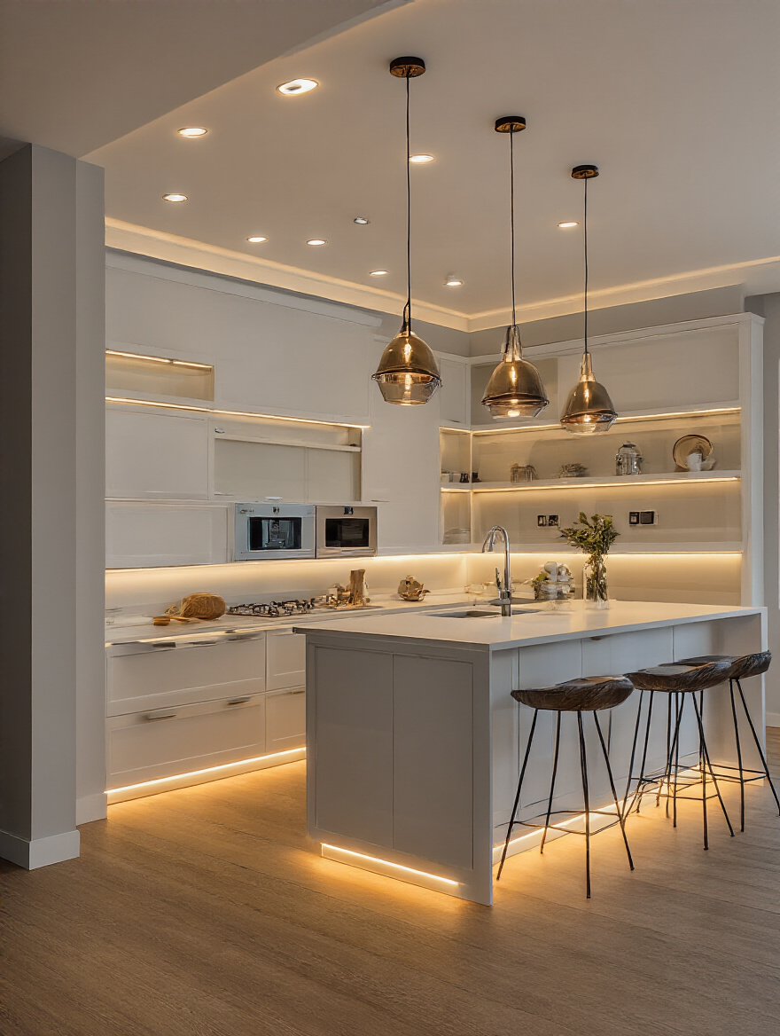 Modern kitchen with layered lighting including recessed, task, and accent fixtures