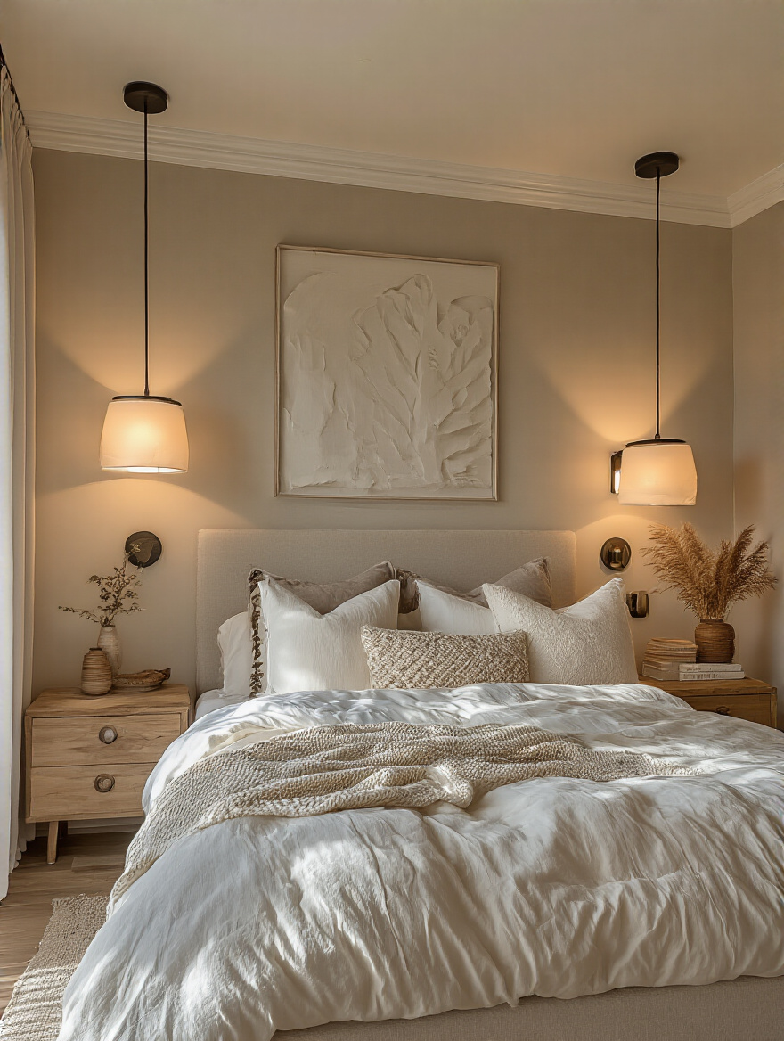 Bedroom with layered lighting design, showcasing ambient, task, and accent lights.