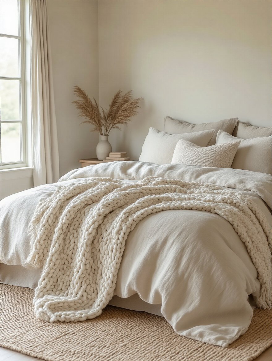 Cozy farmhouse bedroom bed layered with organic linen, cotton, and wool fabrics showcasing inviting textures