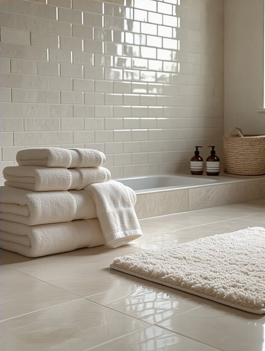 Elegant bathroom showcasing layered textures with porcelain floor tiles and glossy wall tiles.
