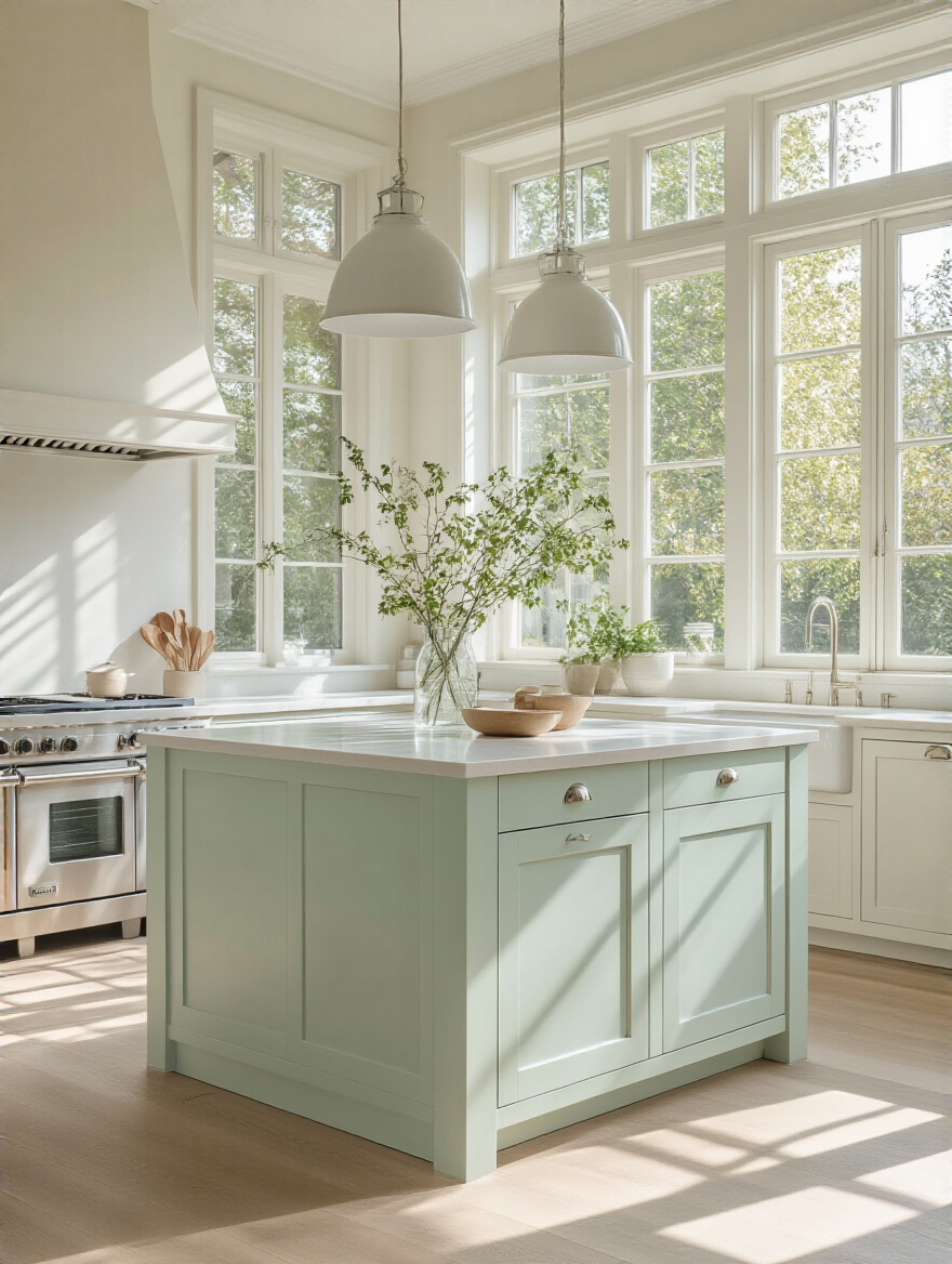 A kitchen island painted in barely-there pastel tones, enhancing the bright white kitchen.