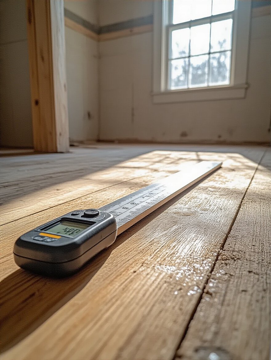 Close-up of wooden bathroom subfloor with moisture meter and straightedge for levelness check during renovation preparation