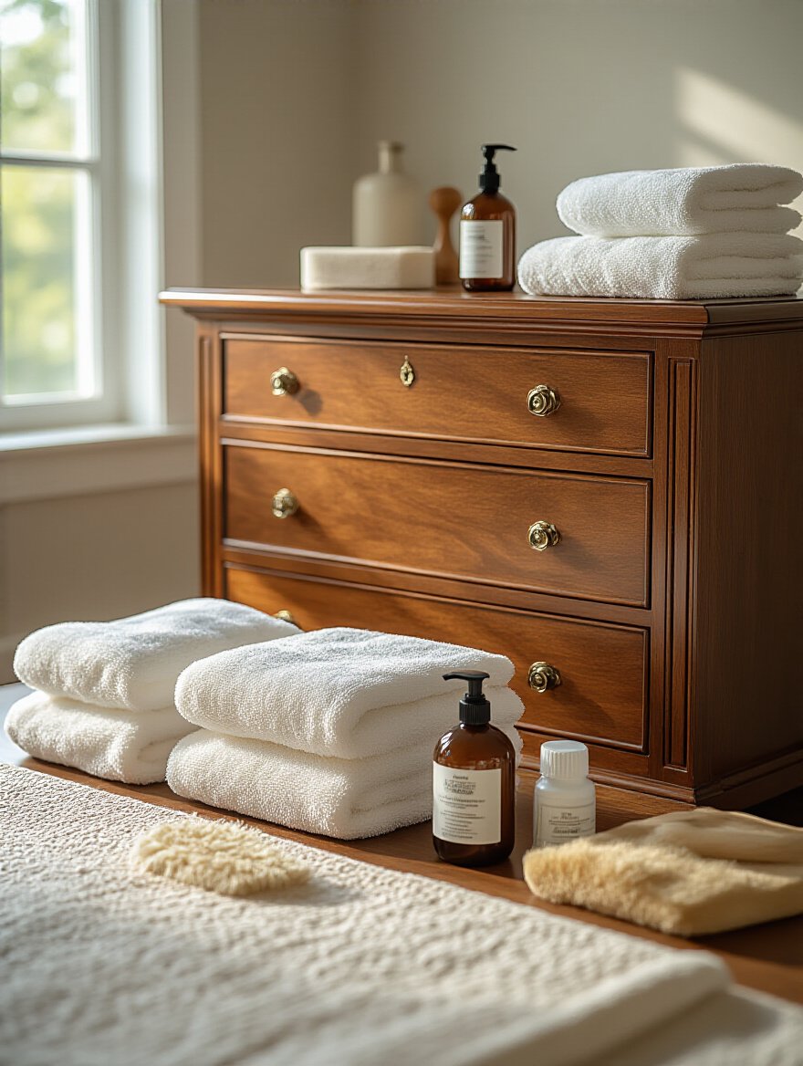 Luxurious solid wood bedroom dresser with furniture care products and digital hygrometer showcasing protective maintenance routine
