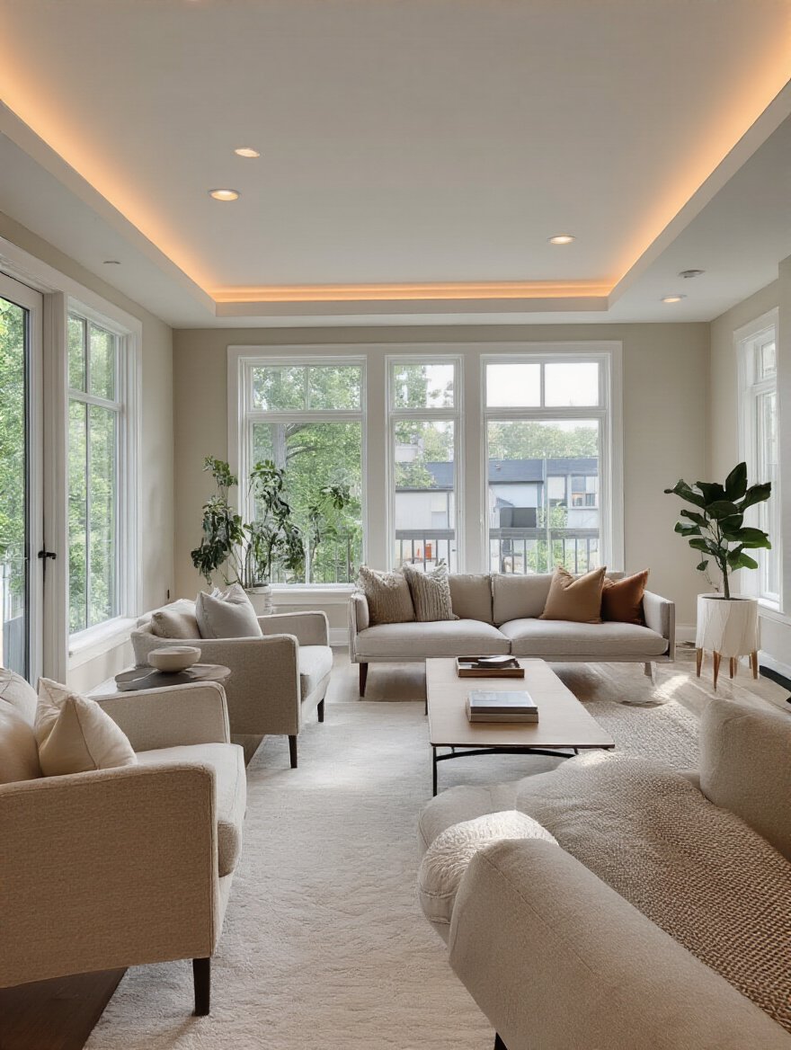 Living room showing mapped traffic flow patterns with strategically arranged furniture ensuring clear pathways