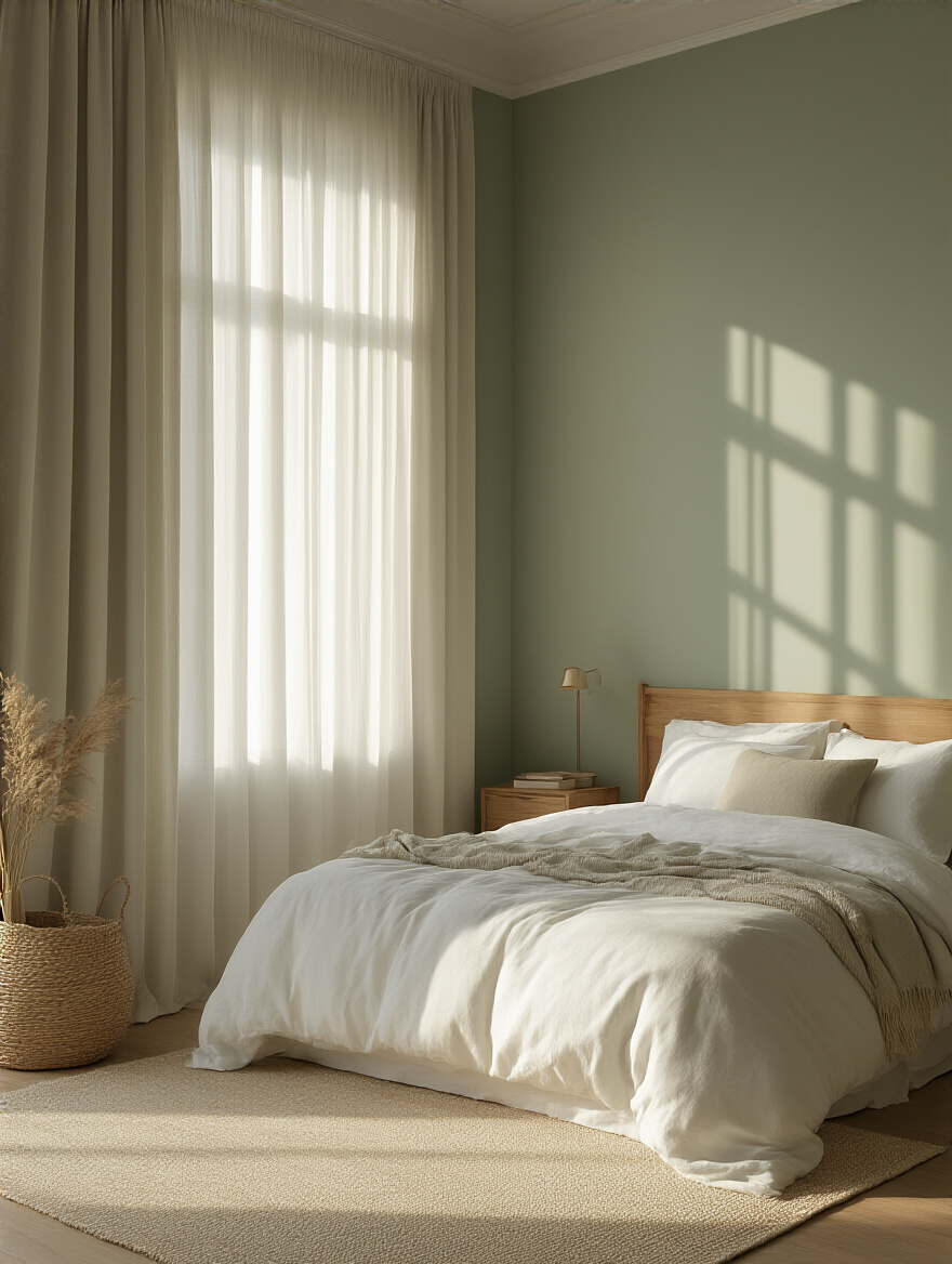 Serene bedroom showcasing color palette psychology with sage green walls and warm lighting.