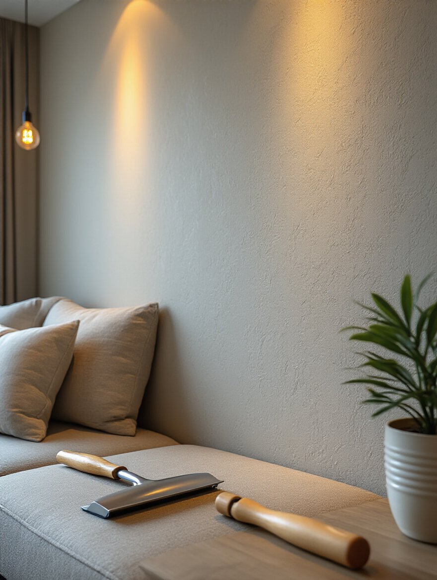 Clean living room wall prepared for peel-and-stick wallpaper installation with tools.